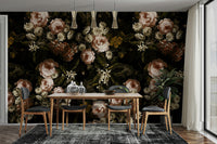 A botanical wallpaper with dark flowers.