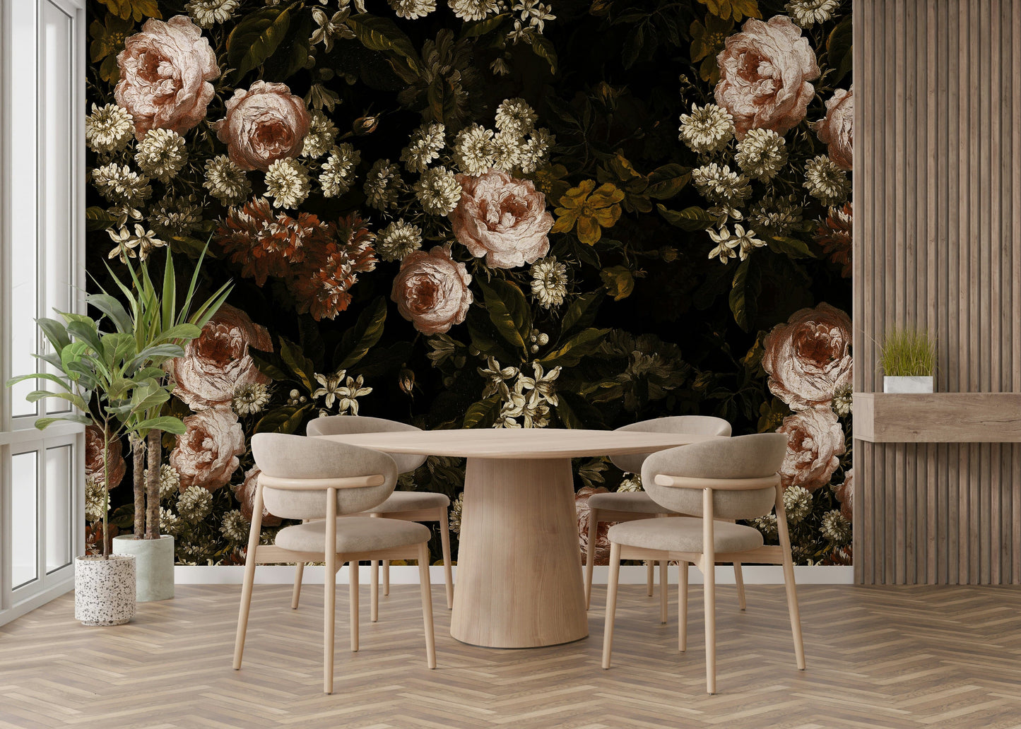 A dark floral decor with baroque blooms.