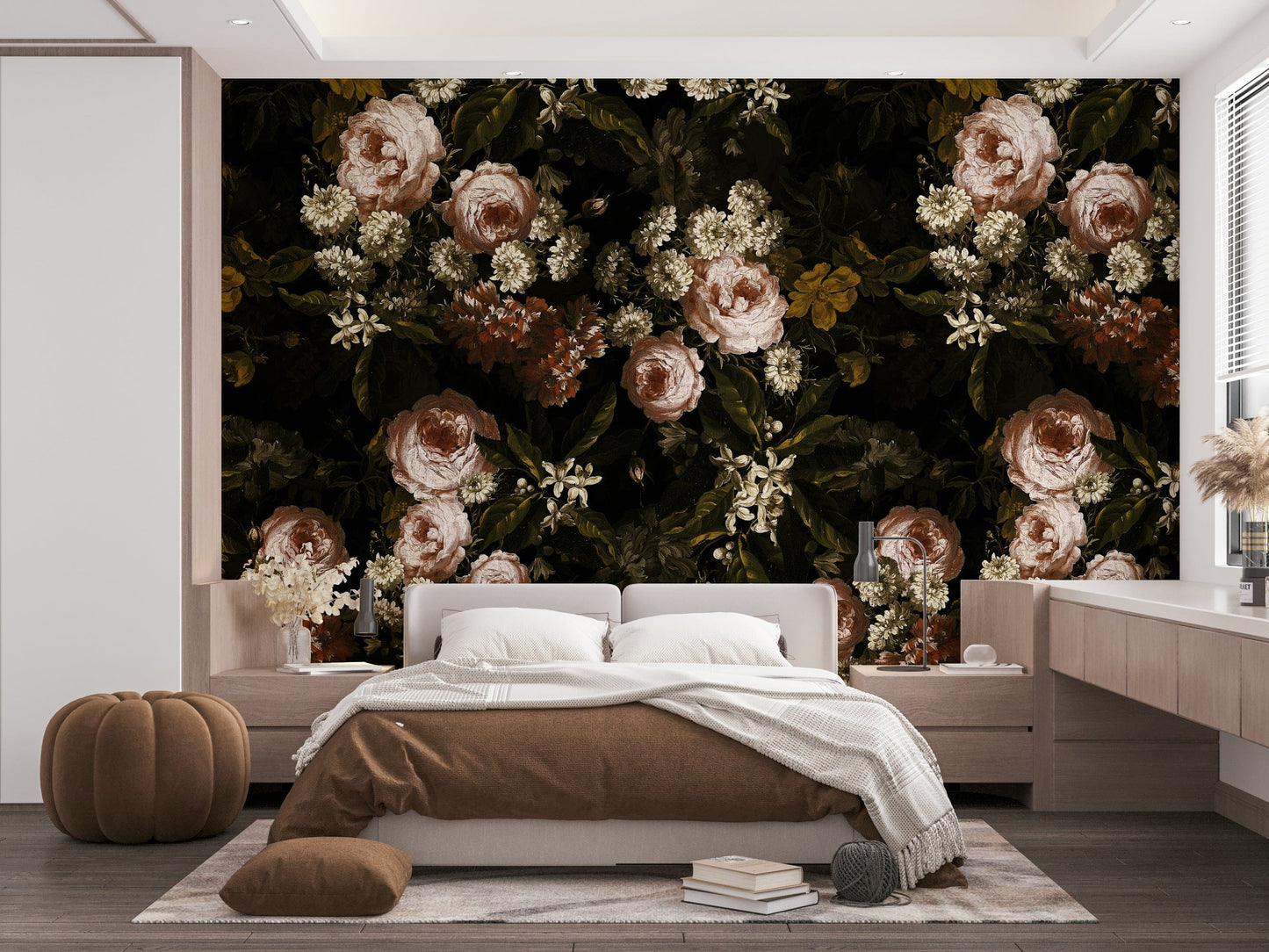 An interior view showing a wall decorated with a Midnight Baroque Bloom Wall Mural.