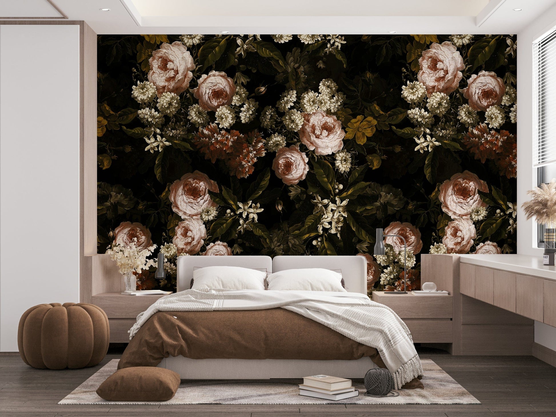 An interior view showing a wall decorated with a Midnight Baroque Bloom Wall Mural.