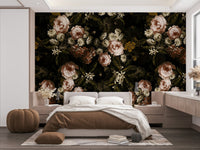An interior view showing a wall decorated with a Midnight Baroque Bloom Wall Mural.