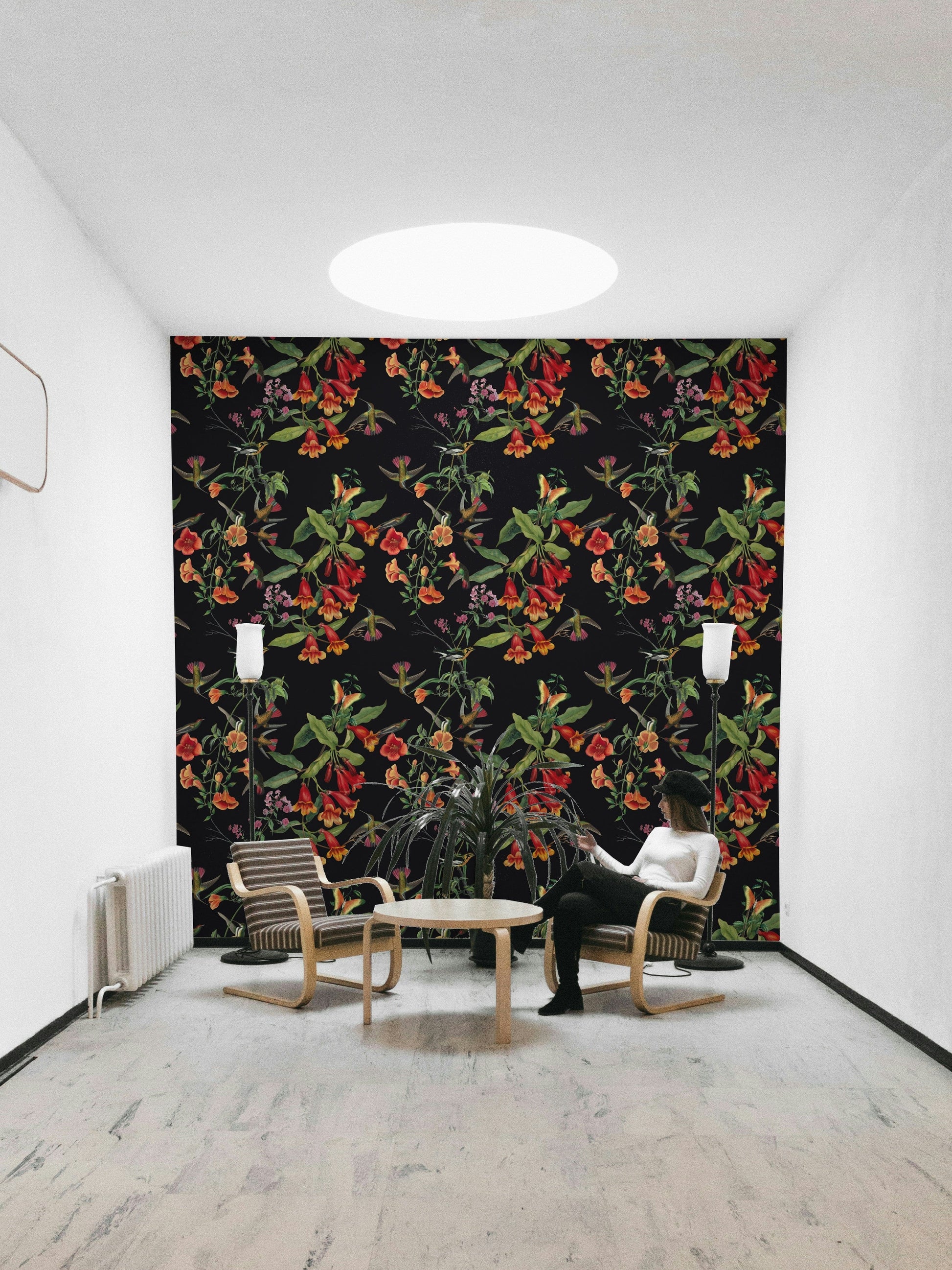 An artistic dark bloom mural for home decor.

