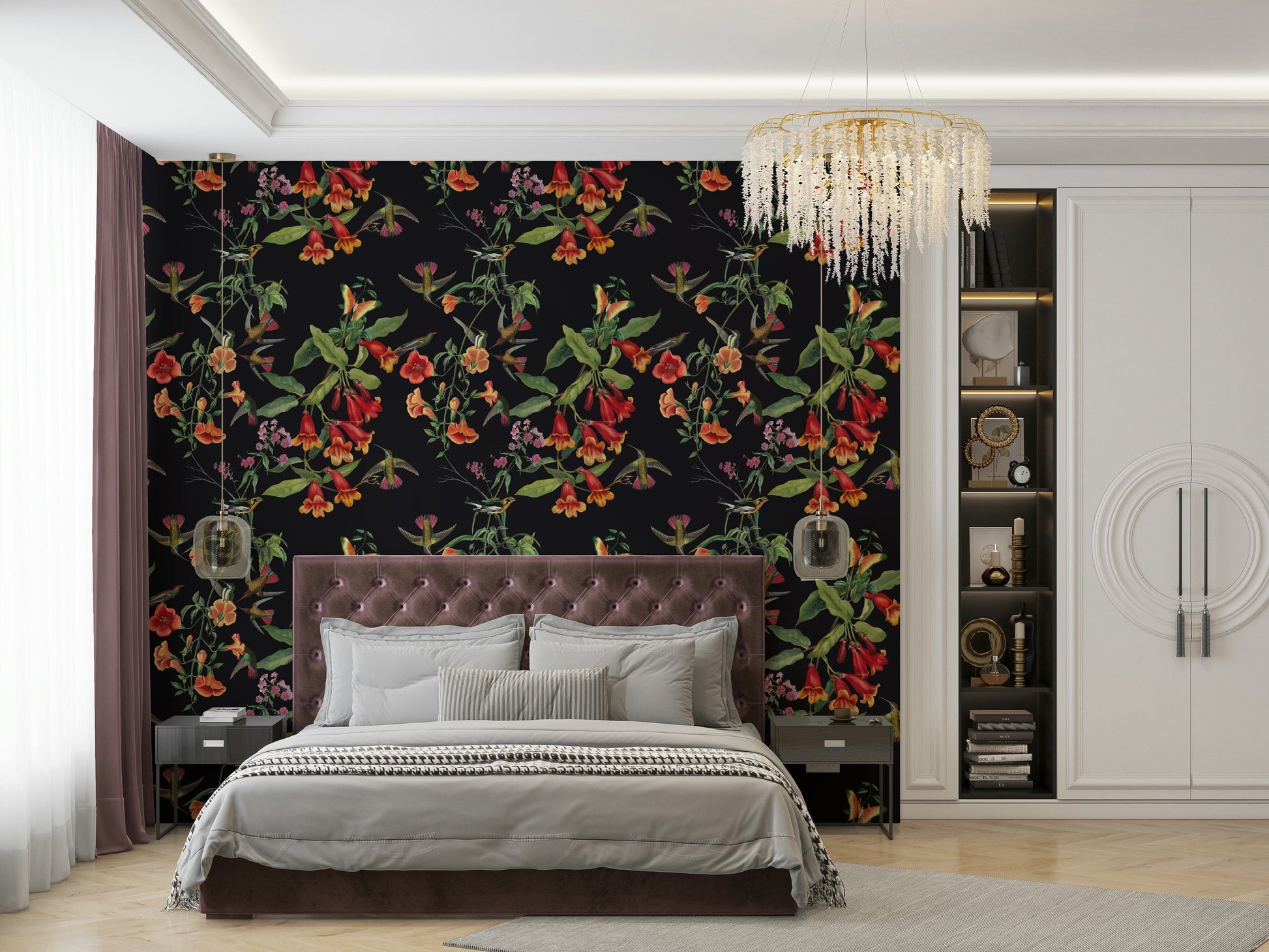 A classic dark floral wallpaper for walls with a moody theme.

