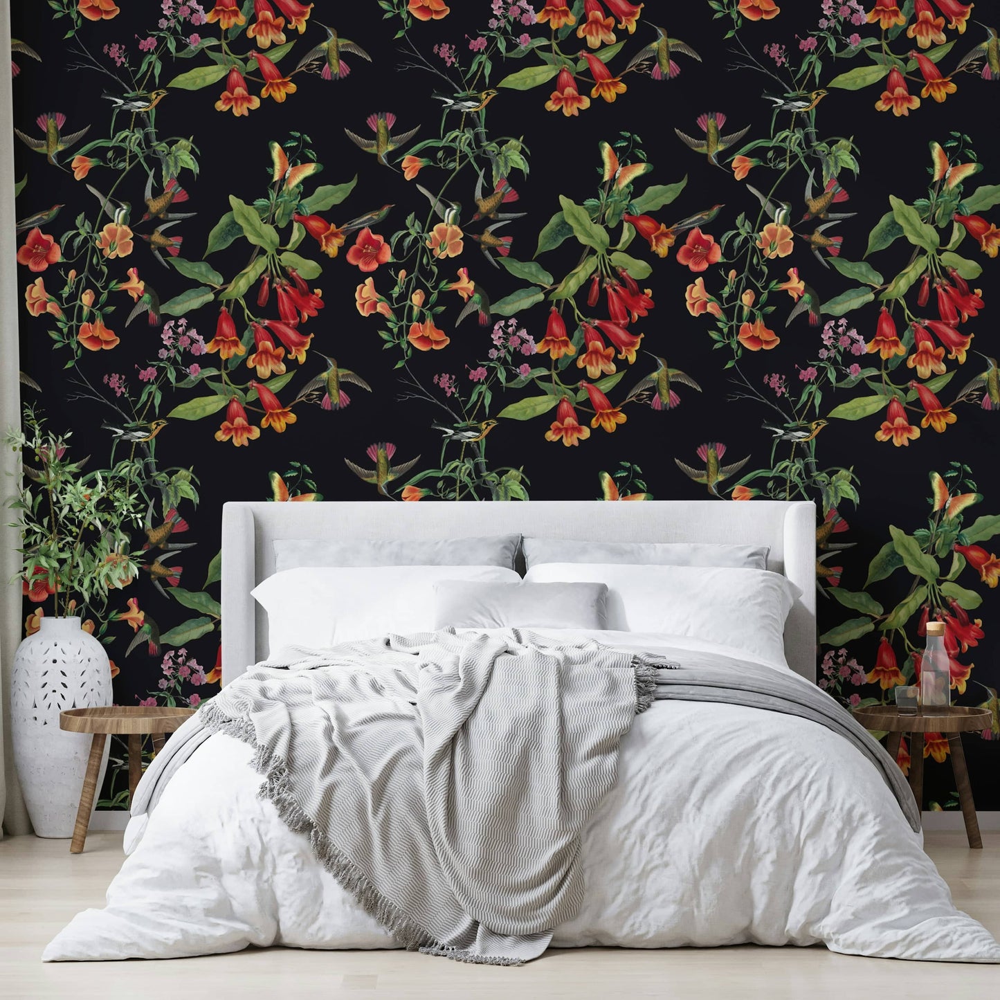 A peaceful botanical garden mural on decorative wallpaper.

