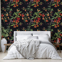 A peaceful botanical garden mural on decorative wallpaper.

