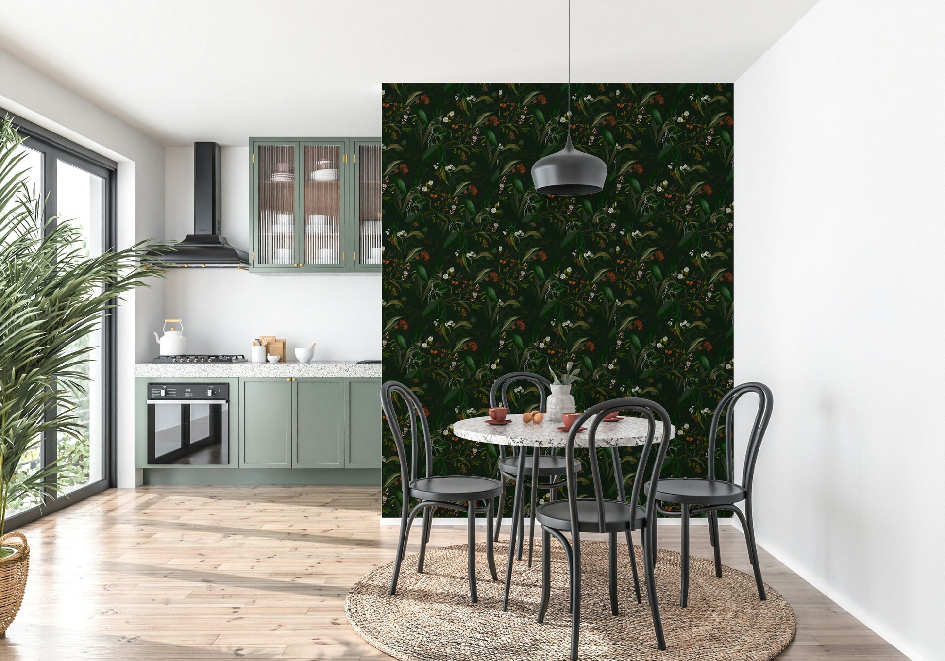 Mystical night garden wallpaper with detailed foliage in deep, elegant shades.
