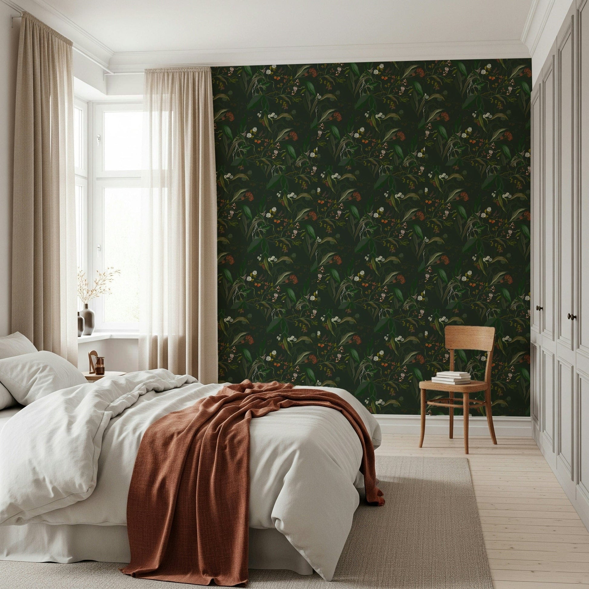 Elegant night-themed botanical mural with deep-toned leaves and soft shadows.