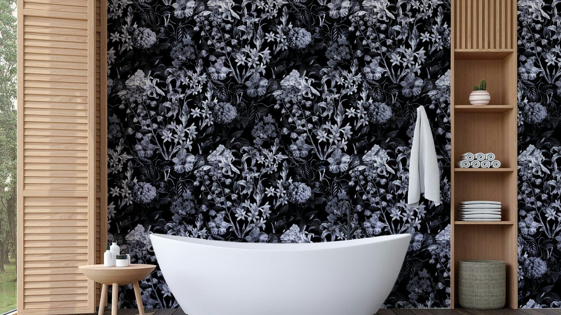 An angled shot of a wall with peaceful wallpaper

