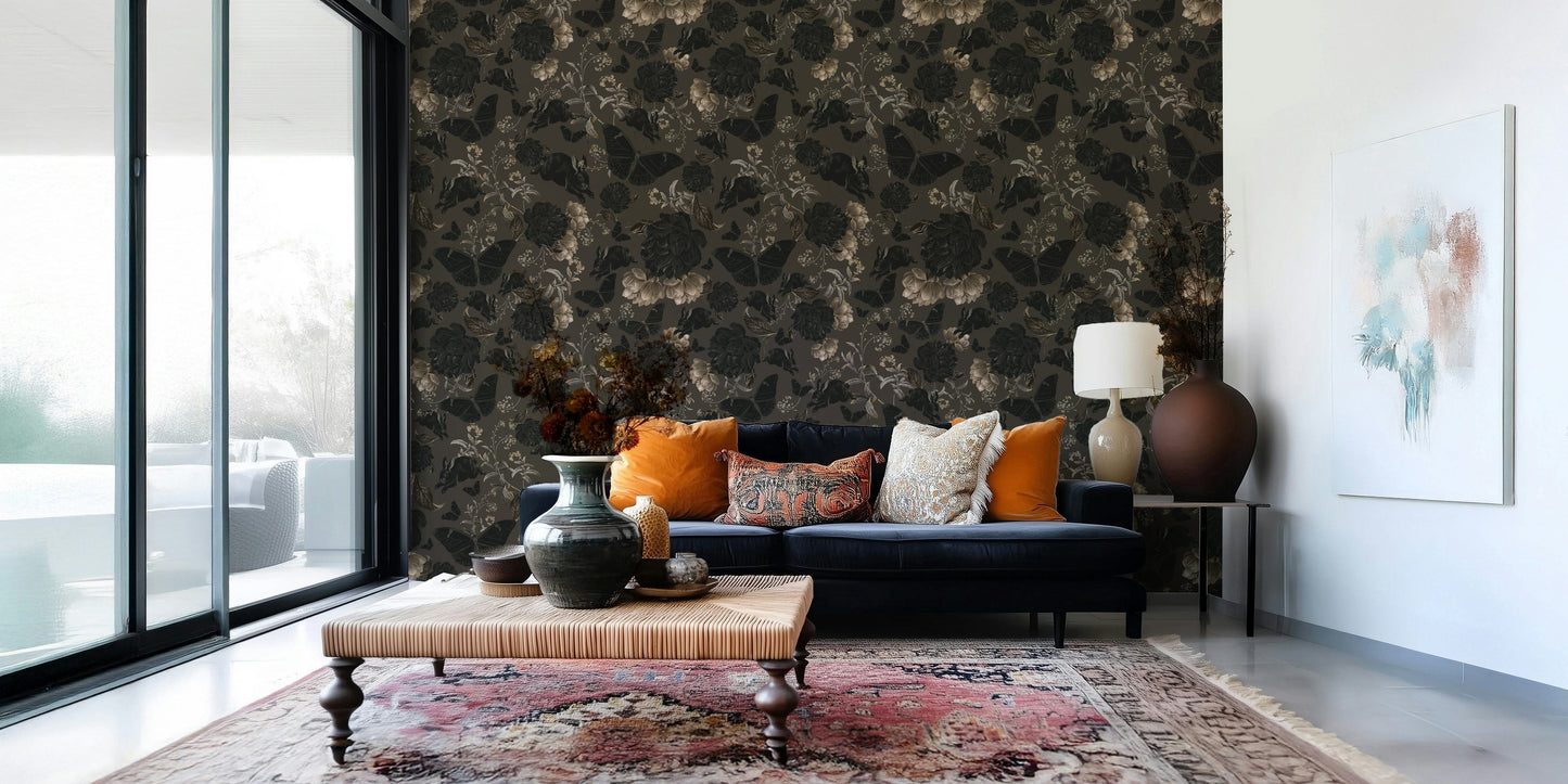 Dark Academic Nocturnal Floral Mural – Romantic and moody garden wallpaper with muted blooms and intricate nighttime details.