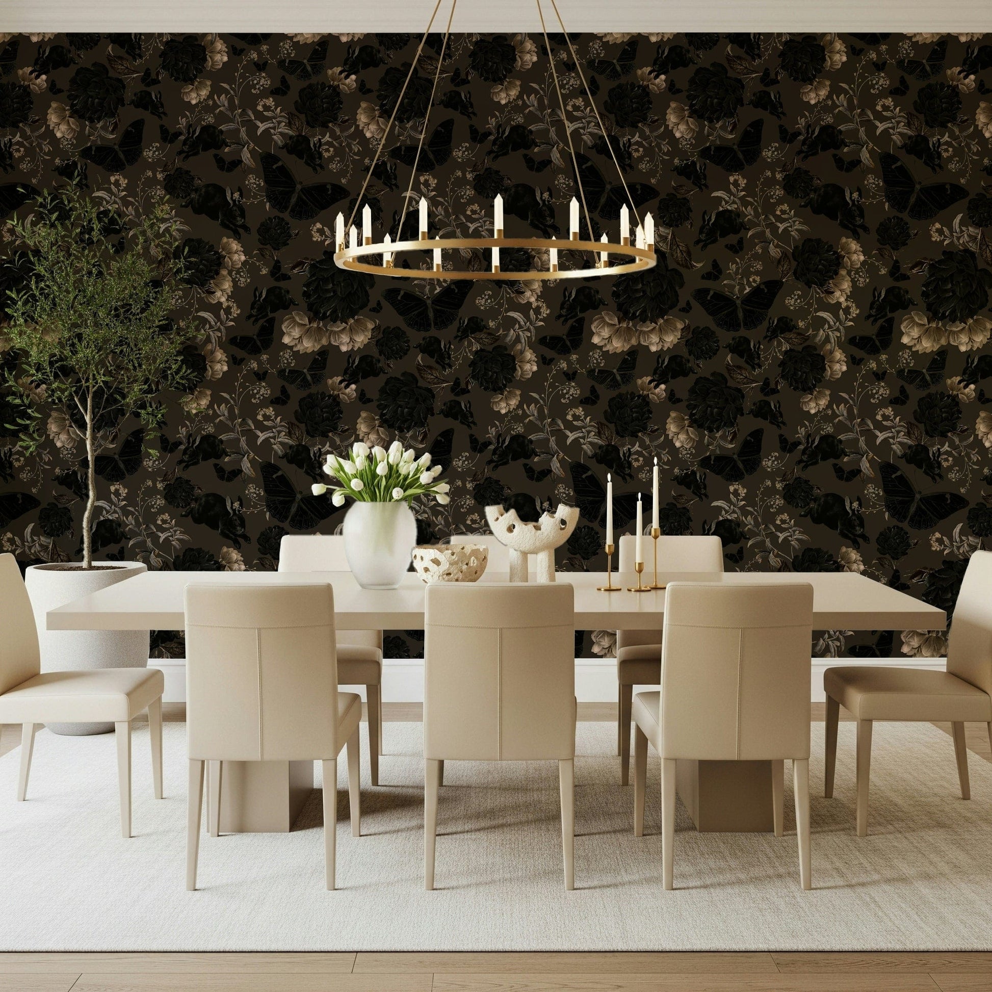 Dark Academia Garden Wall Mural – Gothic-inspired garden with deep green and muted tones, evoking scholarly sophistication.