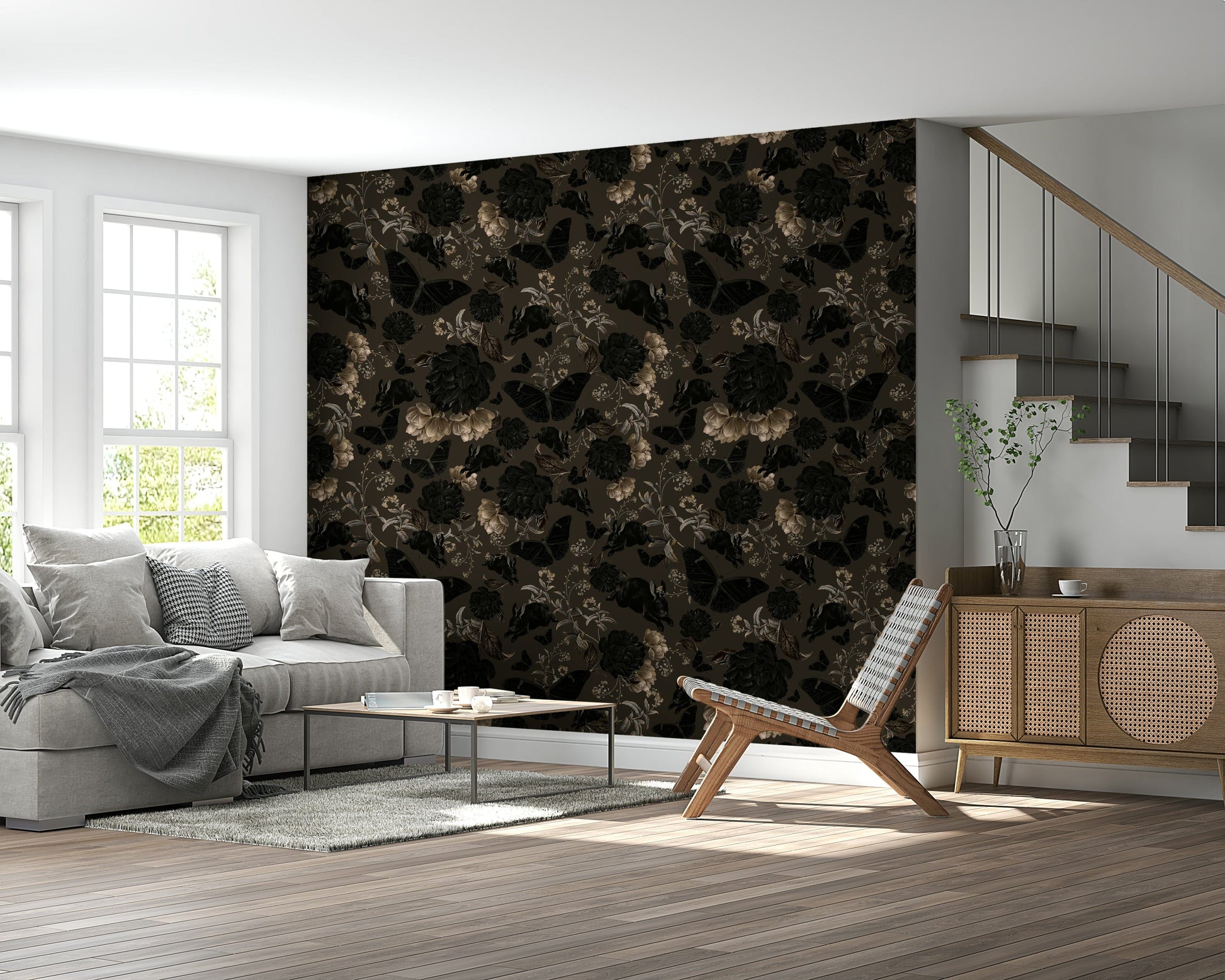 Nocturnal Garden Wallpaper Mural – Elegant dark-themed mural featuring mysterious flowers and ivy under a twilight sky.