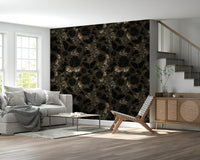 Nocturnal Garden Wallpaper Mural – Elegant dark-themed mural featuring mysterious flowers and ivy under a twilight sky.