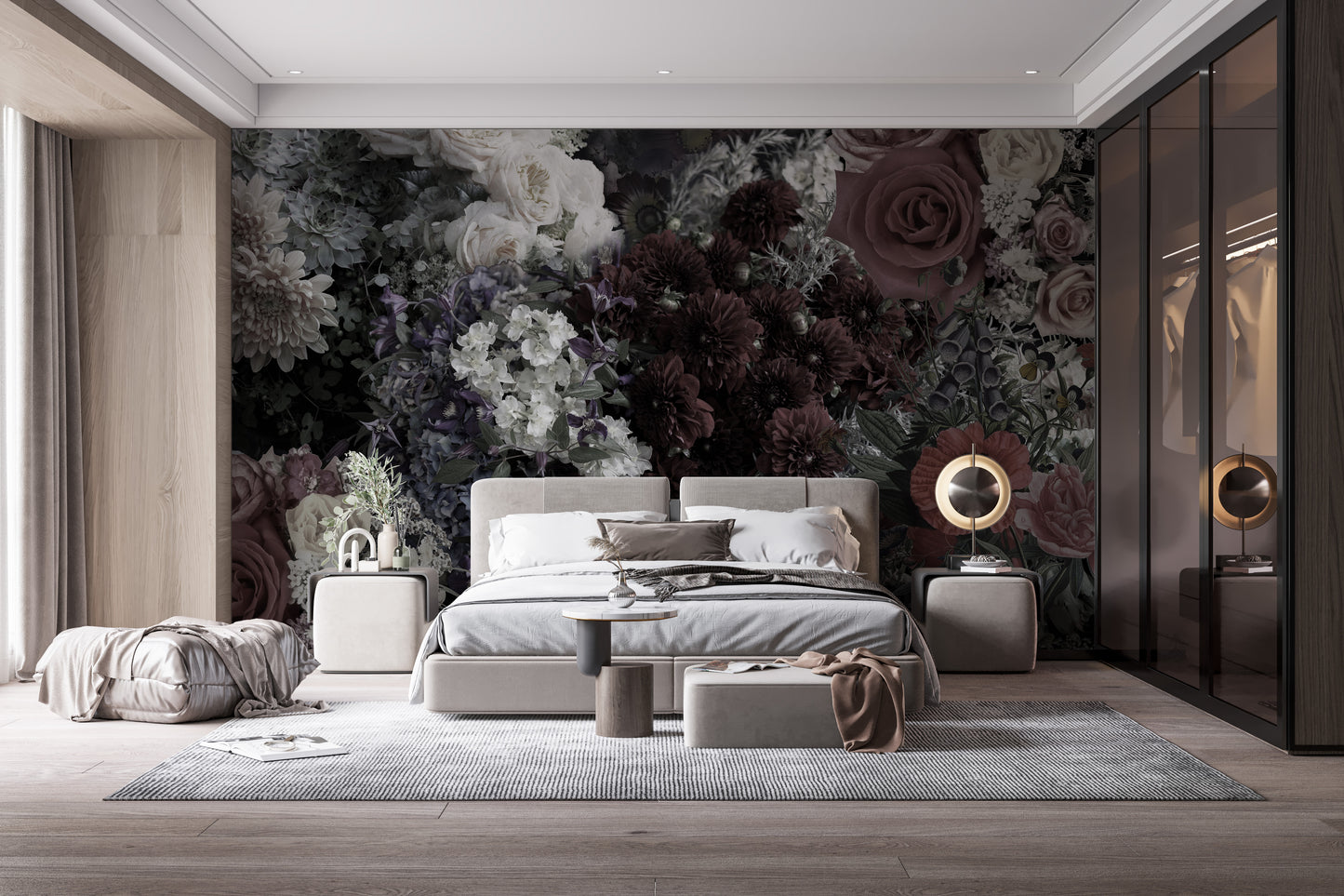 Dark Floral wallpaper mural behind a grey upholstered bed with white and burgundy blooms in a moody bedroom