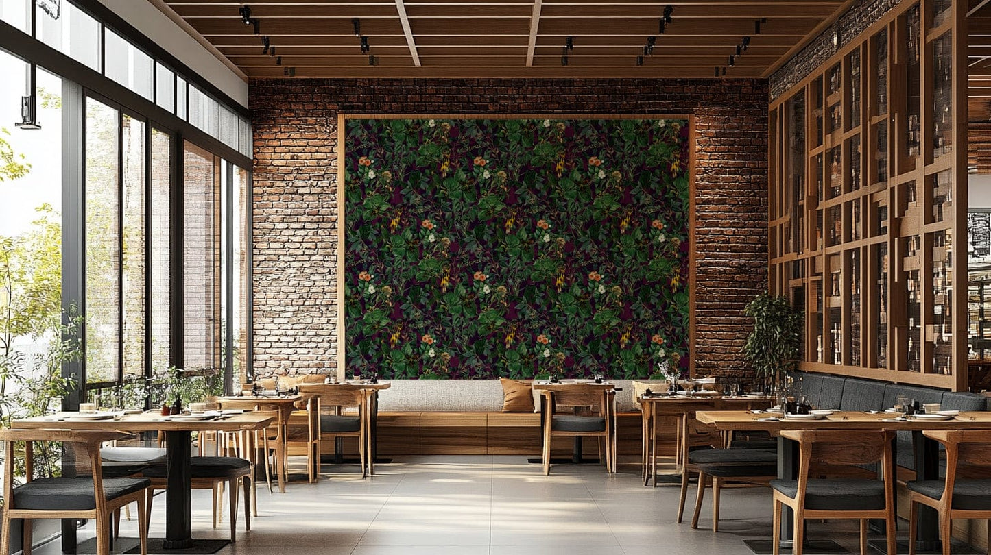 A dining room decorated with a dark botanical mural

