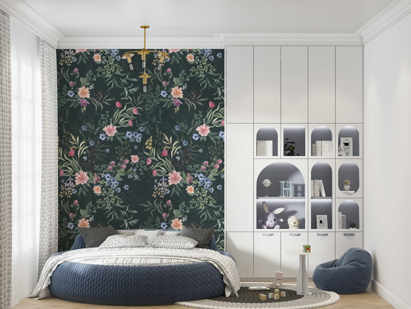 Soft watercolor-style flowers forming a graceful, ethereal wall design.