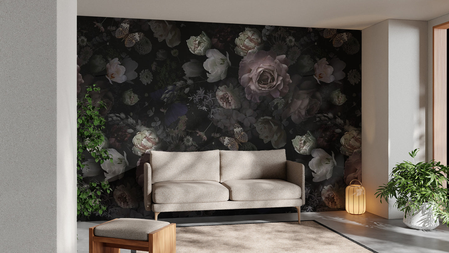 Pink Roses and Dark Wild Flowers Wallpaper Mural - Giffywalls