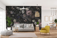 Pink Roses and Dark Wild Flowers Wallpaper Mural - Giffywalls