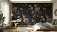 Dark floral wallpaper with pink rose accents
