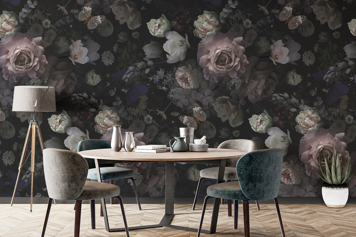 Pink roses mural with dramatic dark backdrop
