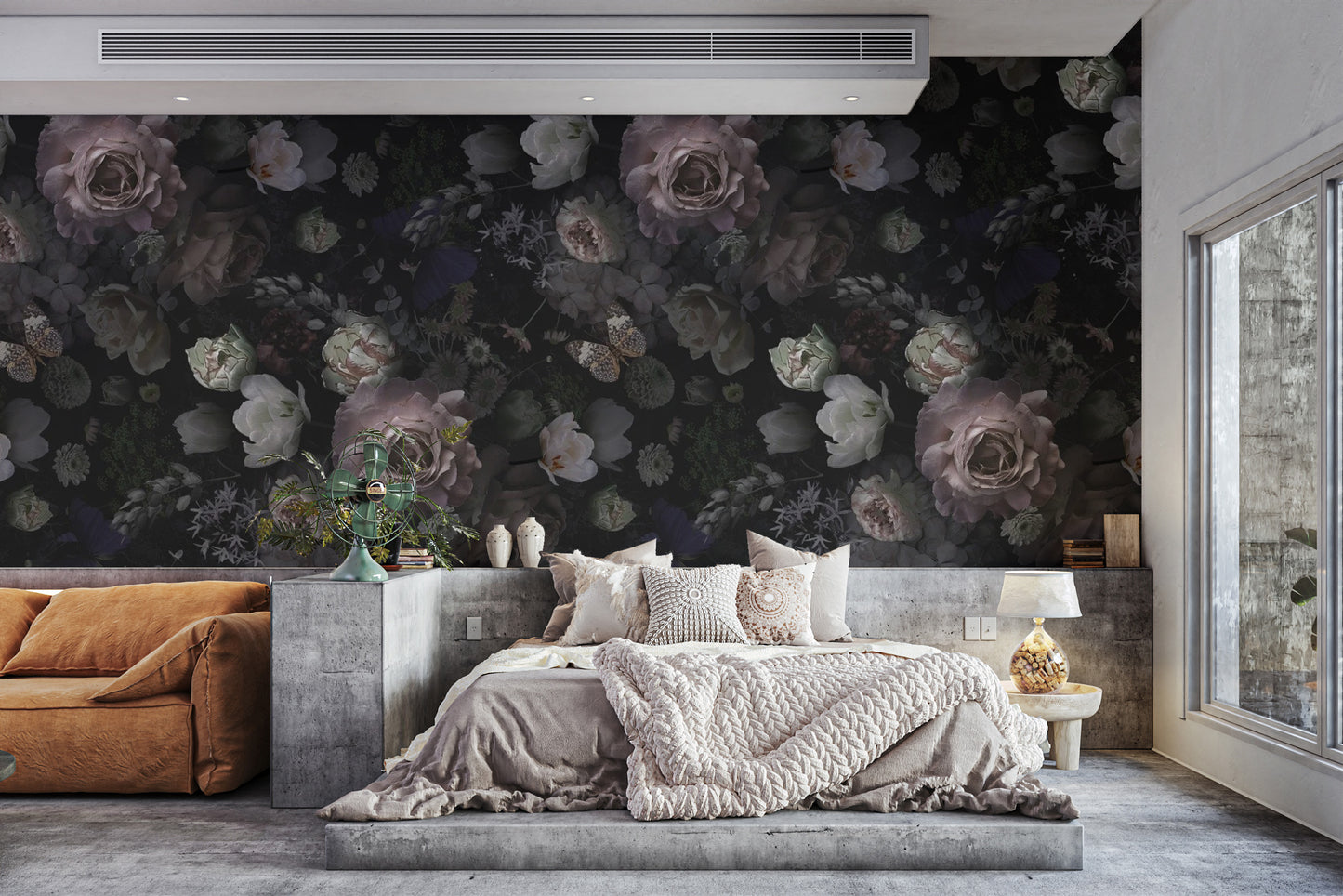 Moody mural of pink roses and wildflowers for bedroom
