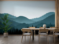 Serene mountain range mural in dark tones
