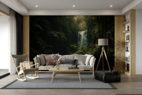 A peaceful forest waterfall mural on decorative wallpaper.

