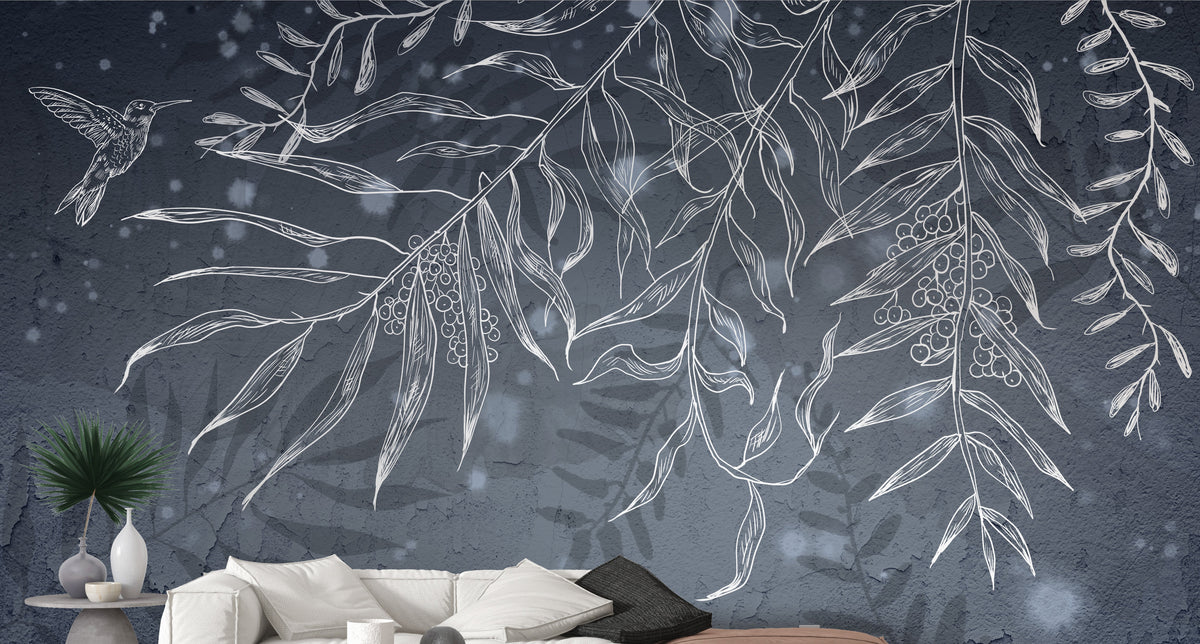 Dark Gray Hummingbird Leaves Shadow wallpaper mural shown as a full feature wall that highlights the design