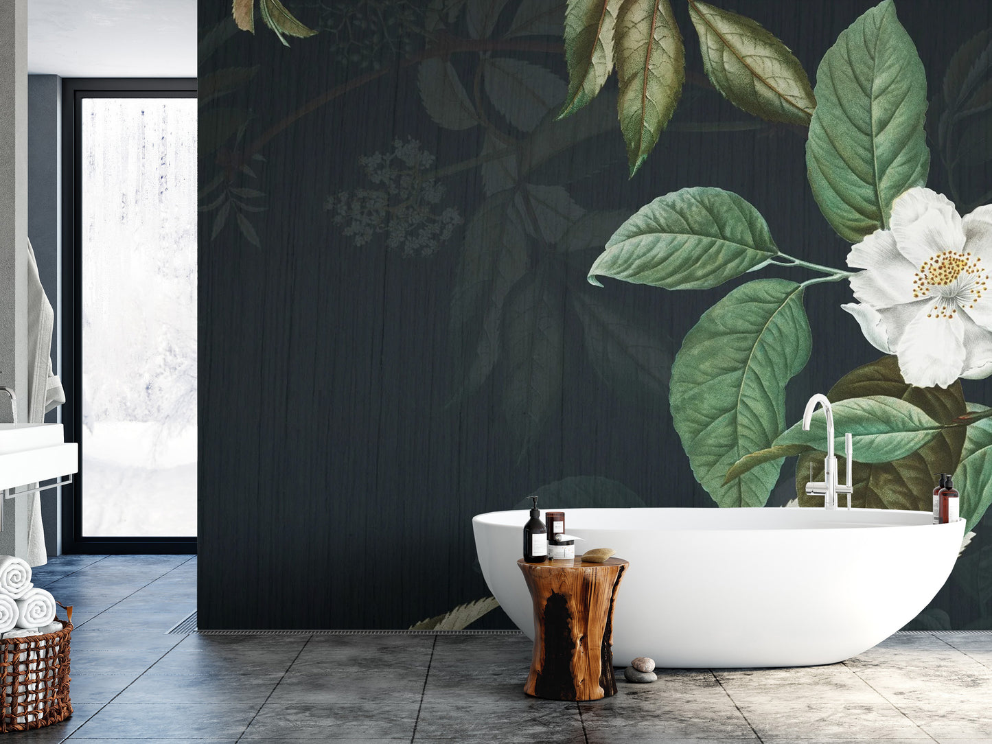 Dark Green Floral wallpaper mural styled along a hallway feature wall near a console in green tones
