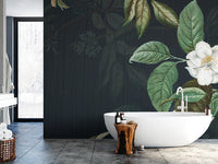 Dark Green Floral wallpaper mural styled along a hallway feature wall near a console in green tones