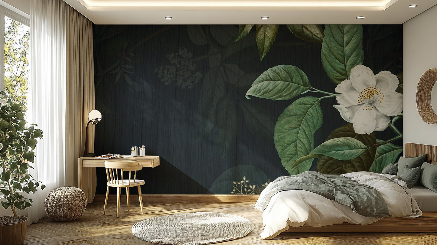 Dark Green Floral wallpaper mural as a feature wall in a home office workspace in green tones