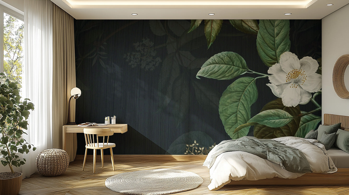 Dark Green Floral wallpaper mural as a feature wall in a home office workspace in green tones