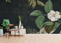 Dark Green Floral wallpaper mural styled as a feature wall behind a dining table and chairs in green tones