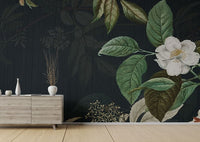 Dark Green Floral wallpaper mural as a bedroom feature wall behind the headboard in green tones
