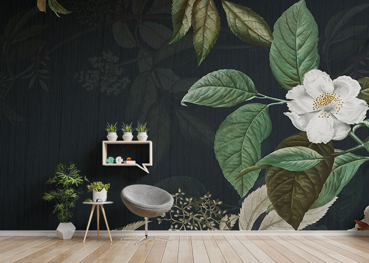 Dark Green Floral Wallpaper Mural in your room — zoomed