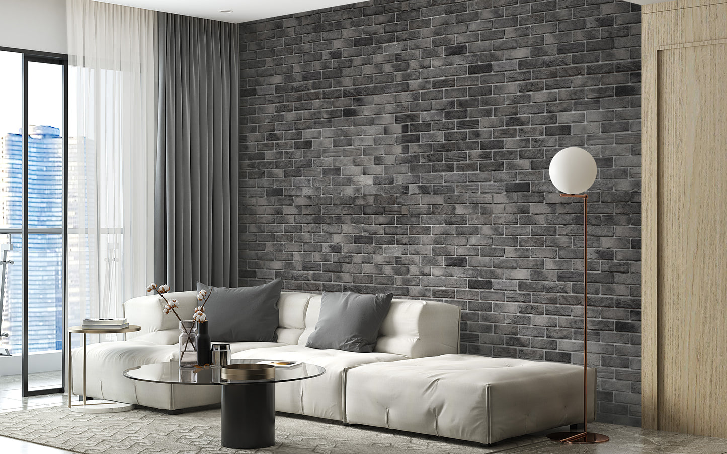 Dark Grey Brick Textured wallpaper mural styled along a hallway feature wall near a console in black tones