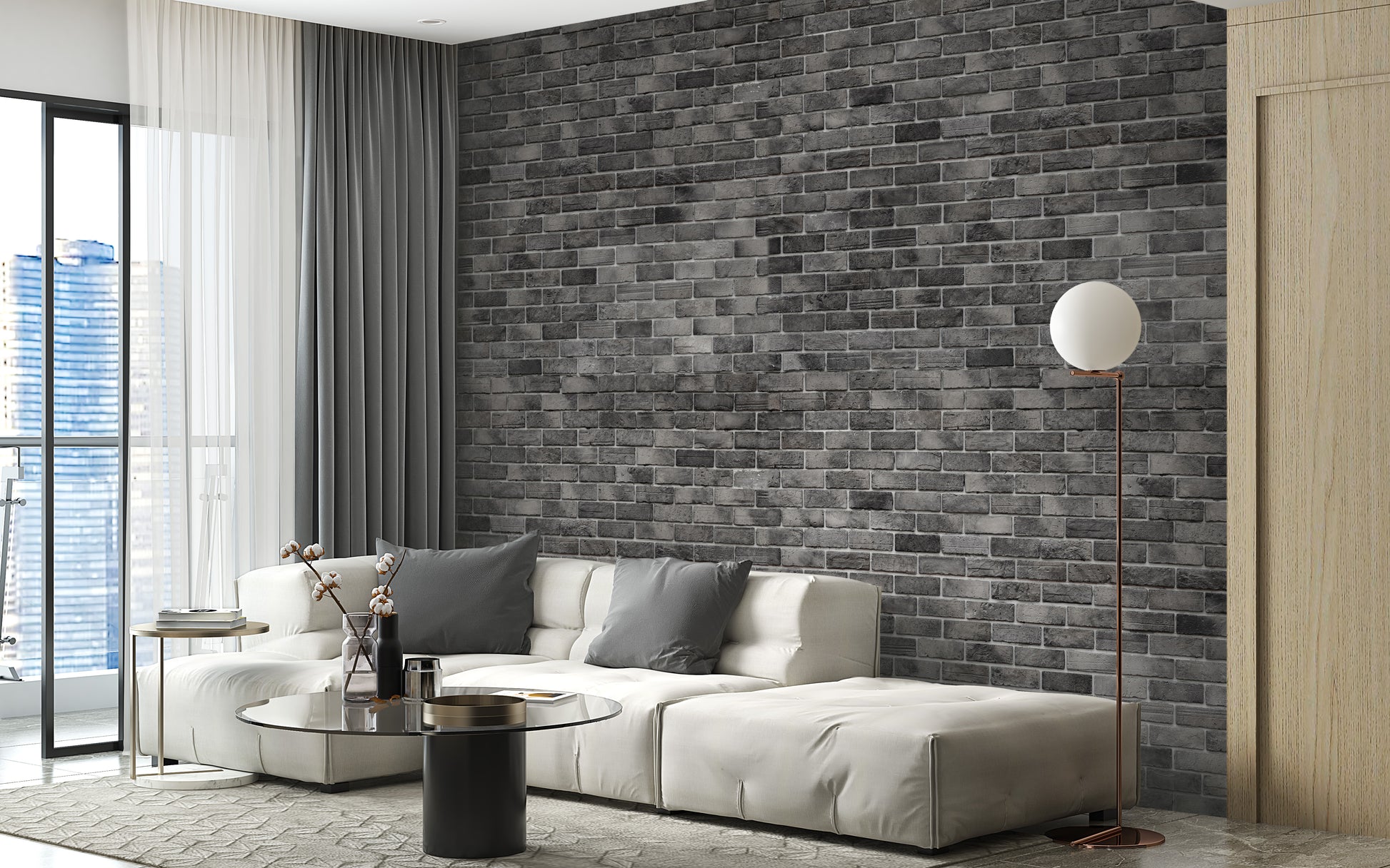 Dark Grey Brick Textured wallpaper mural styled along a hallway feature wall near a console in black tones