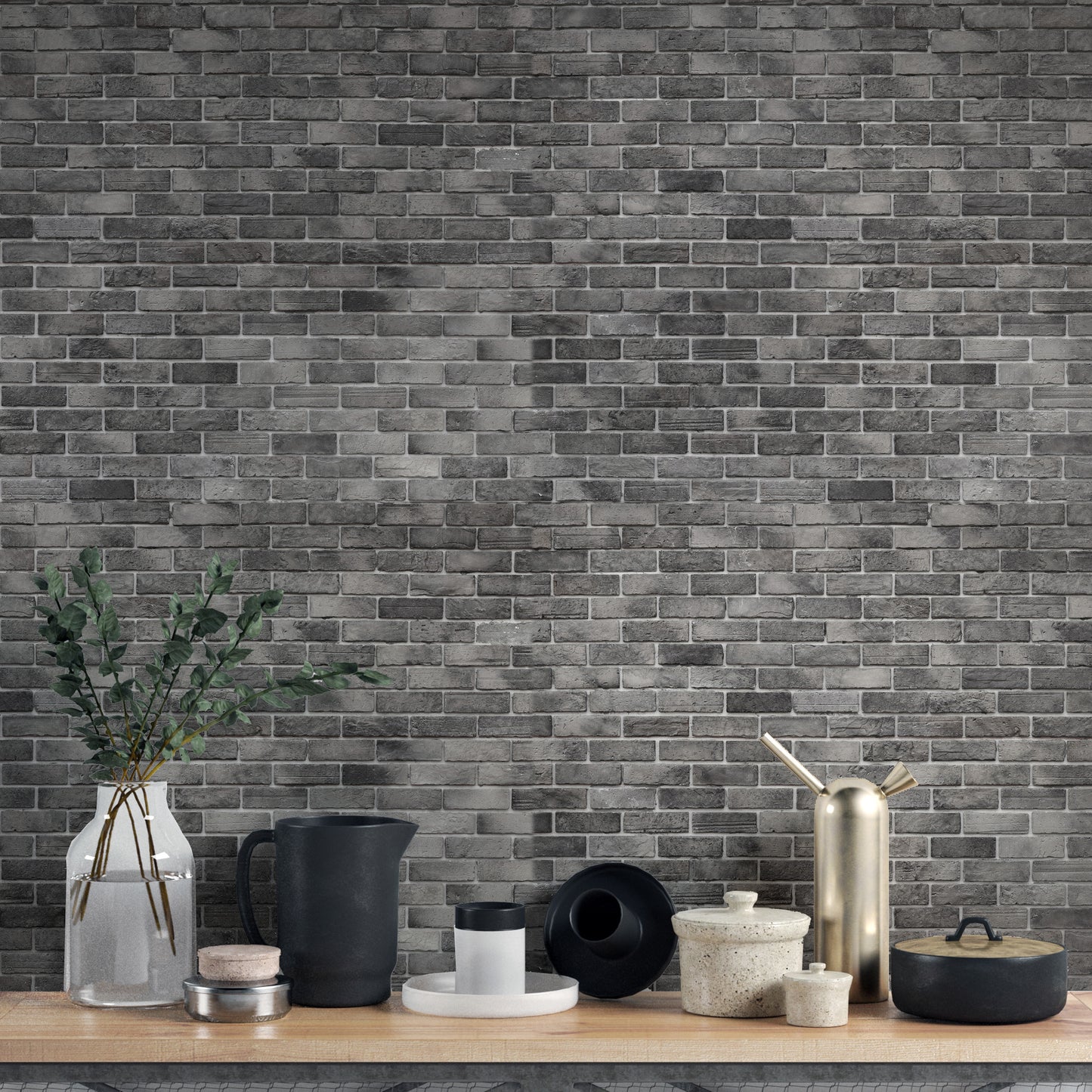 Dark Grey Brick Textured wallpaper mural as a bedroom feature wall behind the headboard in black tones