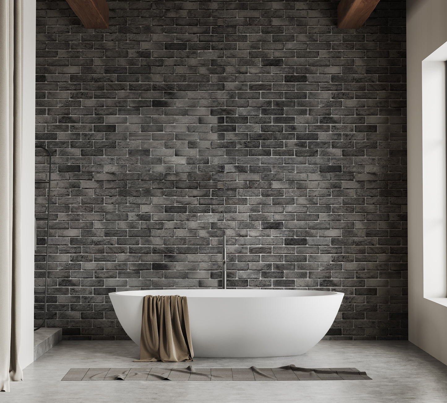 Dark Grey Brick Textured wallpaper mural styled as a living room feature wall behind a sofa and seating in black tones