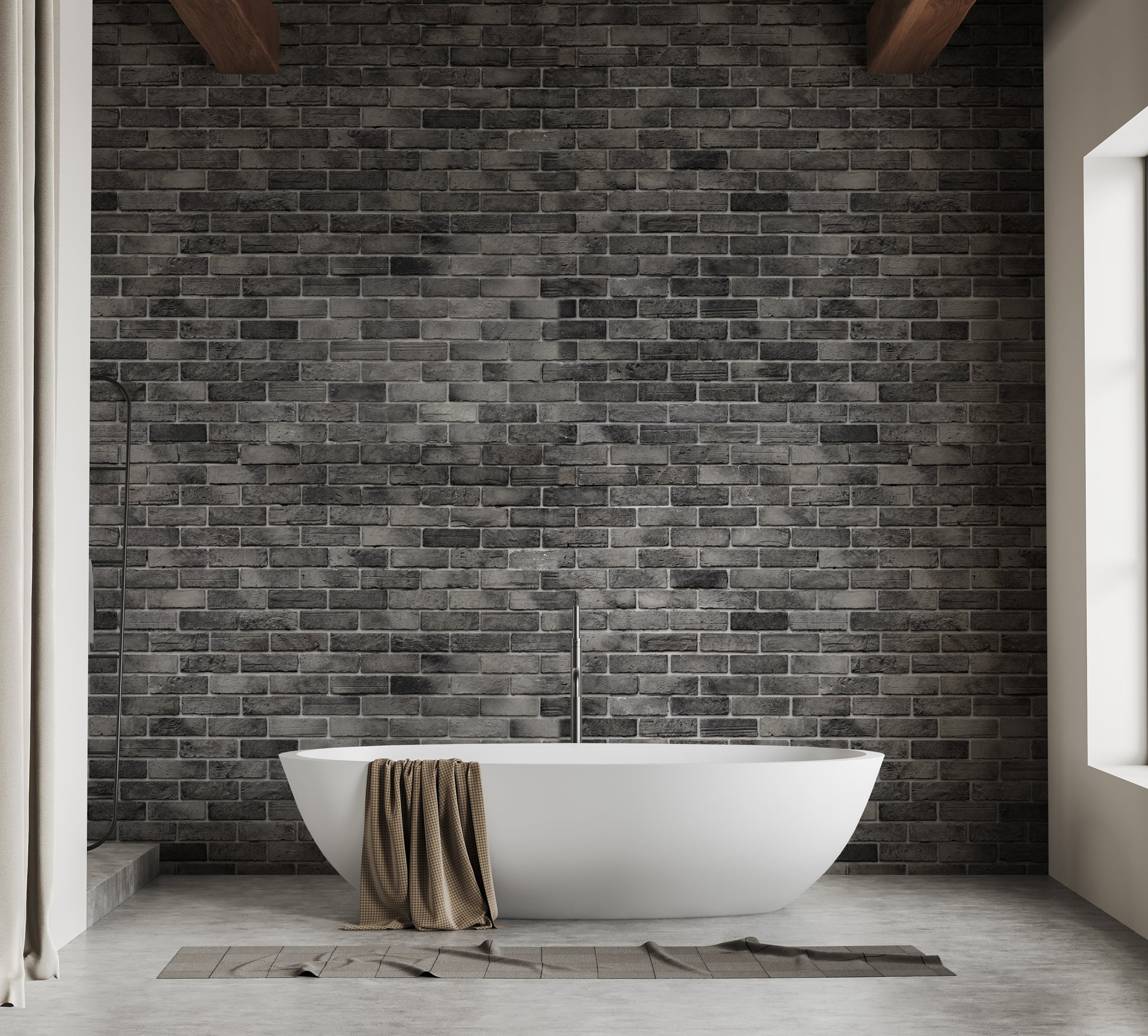 Dark Grey Brick Textured wallpaper mural styled as a living room feature wall behind a sofa and seating in black tones