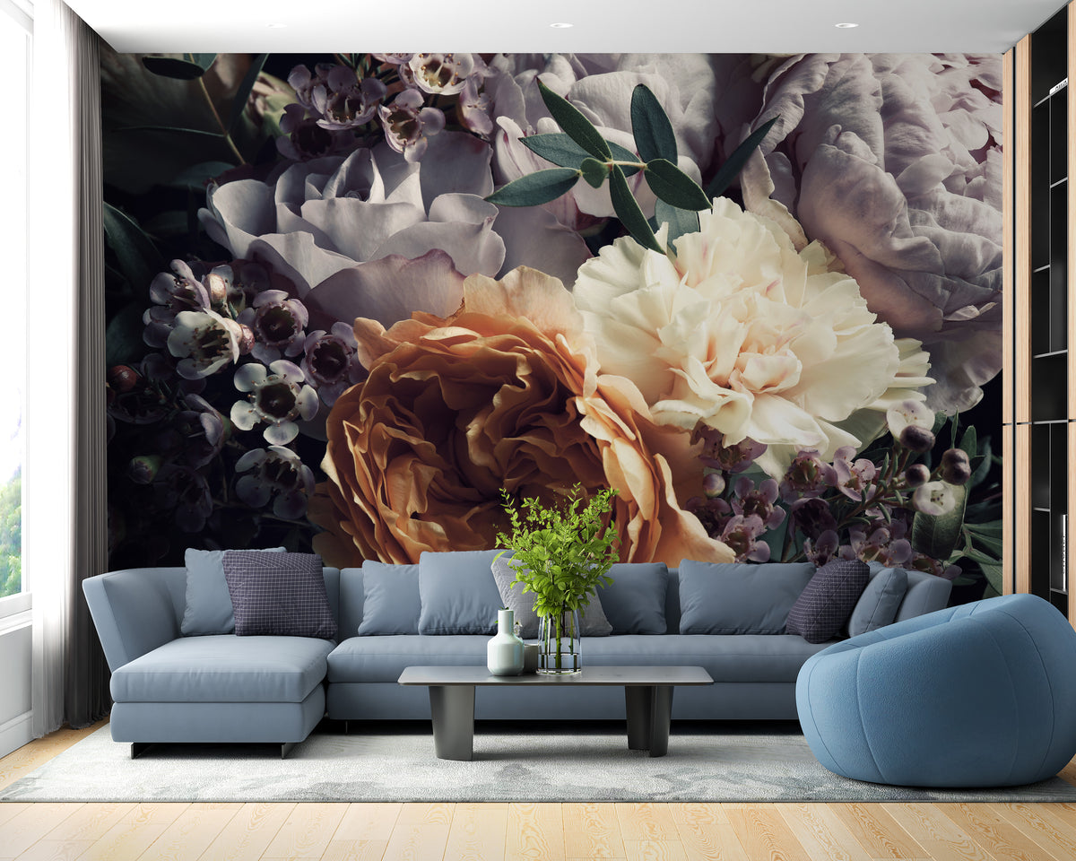 Dark Large Sized floral wallpaper mural shown as a full feature wall that highlights the design