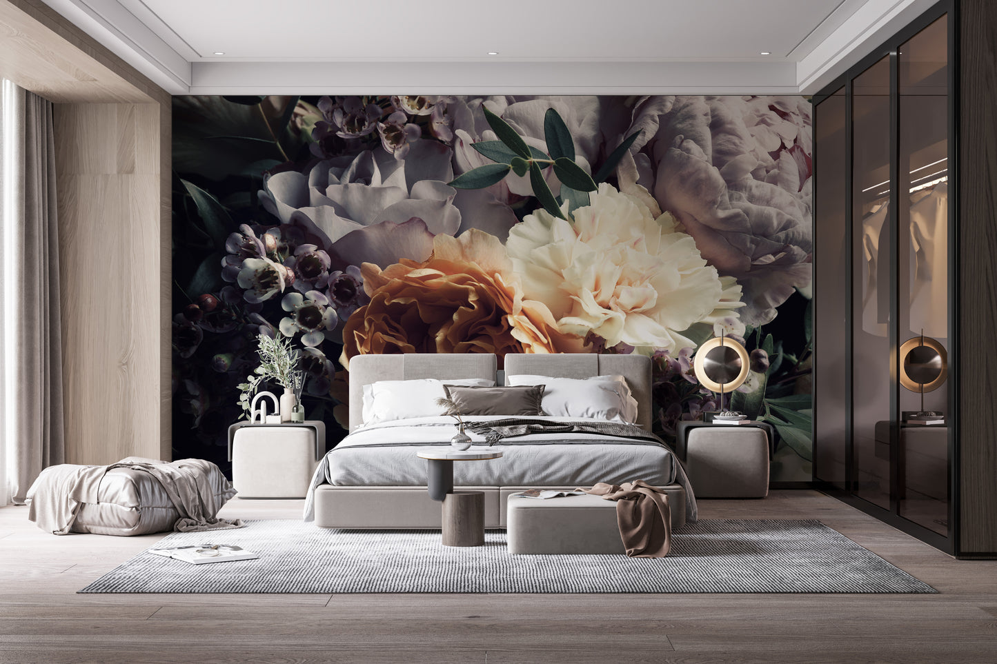 Victorian-inspired dark floral wallpaper mural
