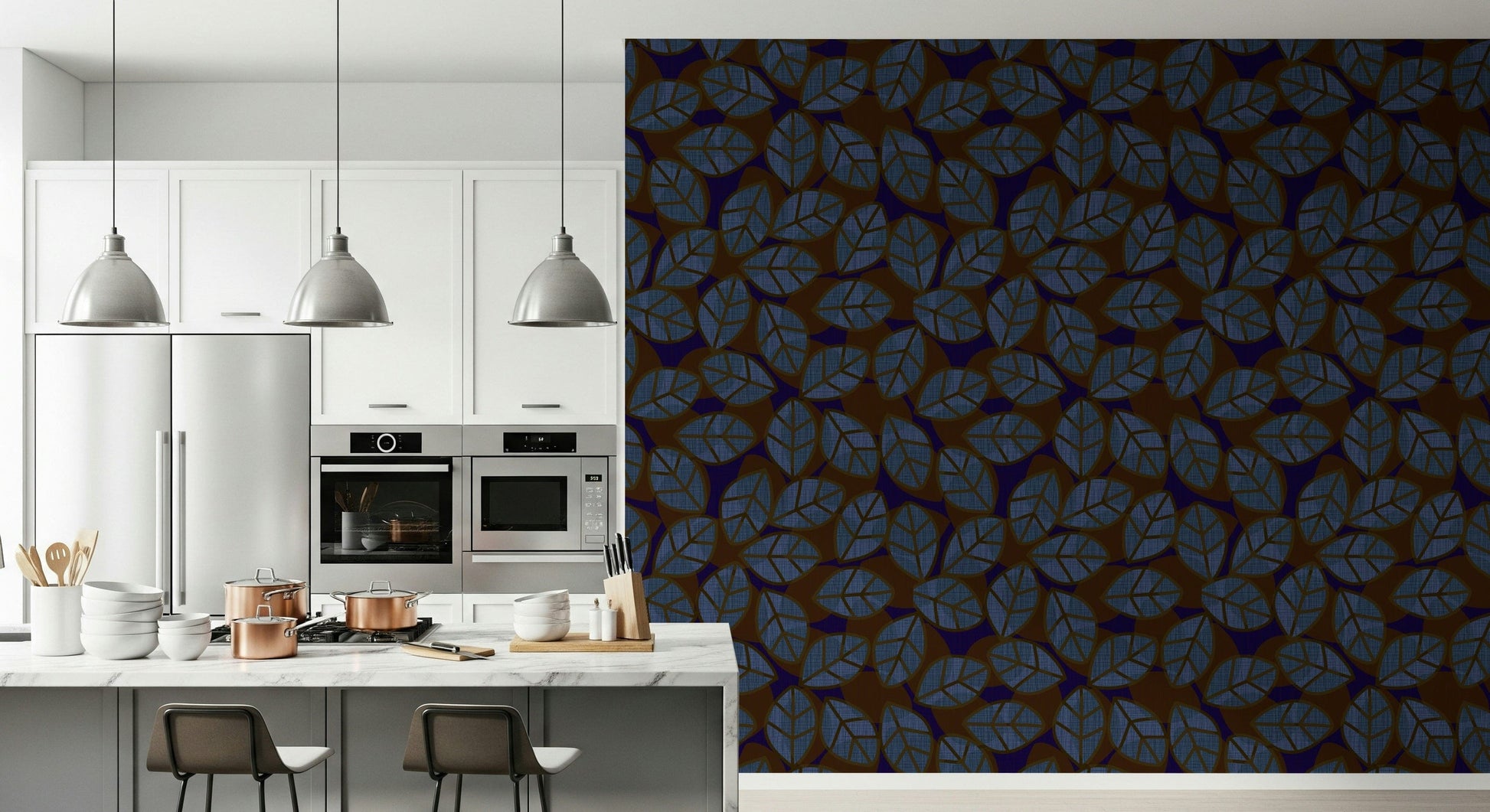 Dark leaf wallpaper with abstract shapes creating a contemporary, elegant vibe.