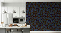 Dark leaf wallpaper with abstract shapes creating a contemporary, elegant vibe.