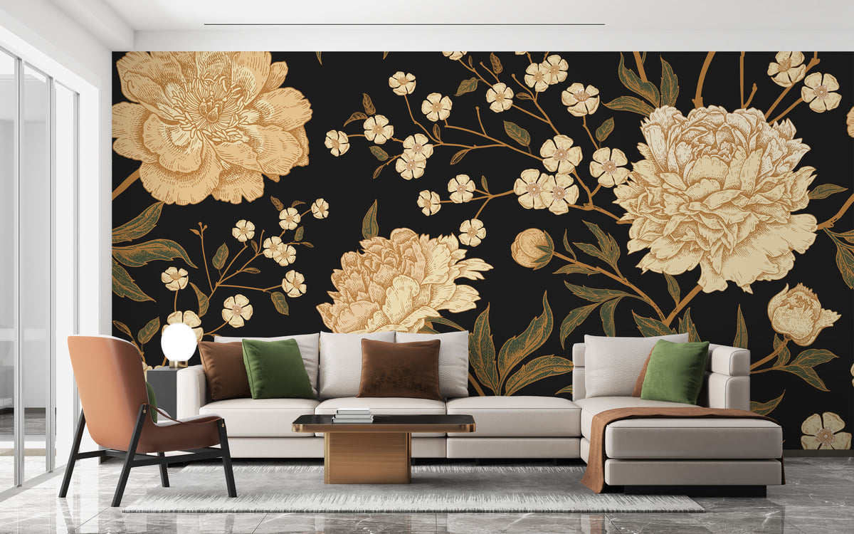 Dark Peony Flowers wallpaper mural with golden peonies on black behind a cream sofa and rust armchair in a living room