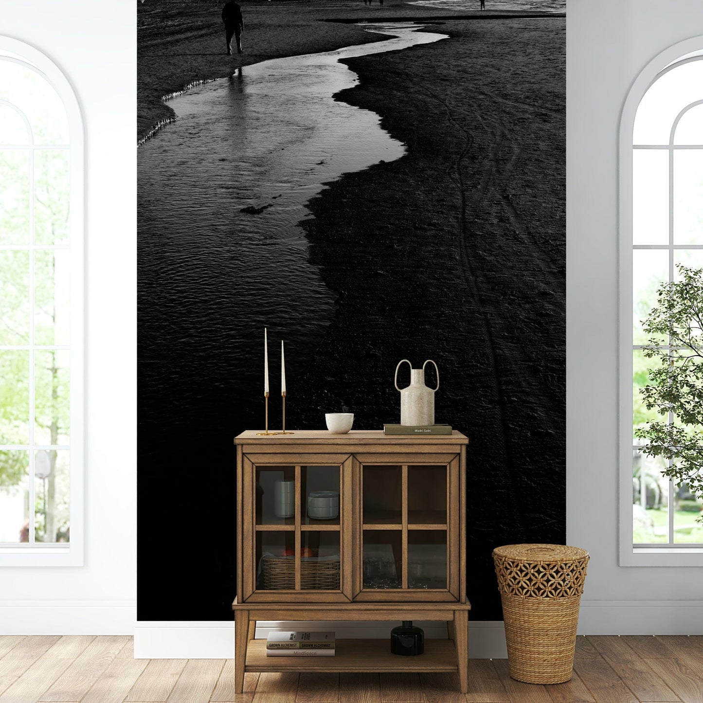 An angled shot of the mural's dark and serene color palette.

