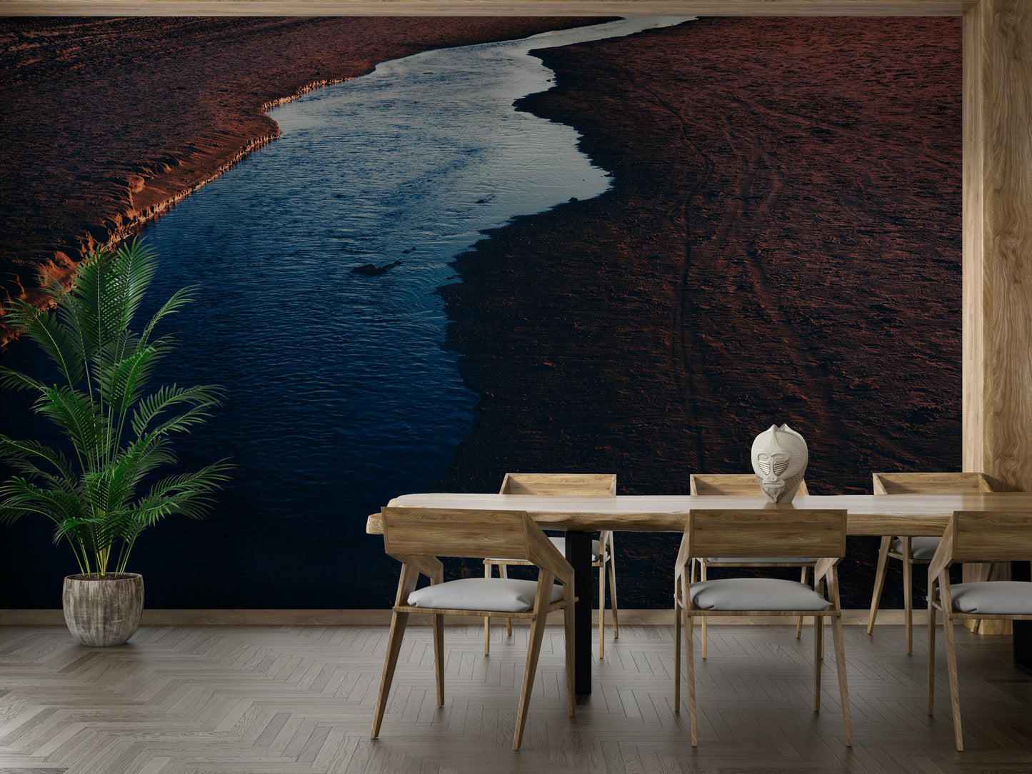 A minimalist home office with the dark river wallpaper.

