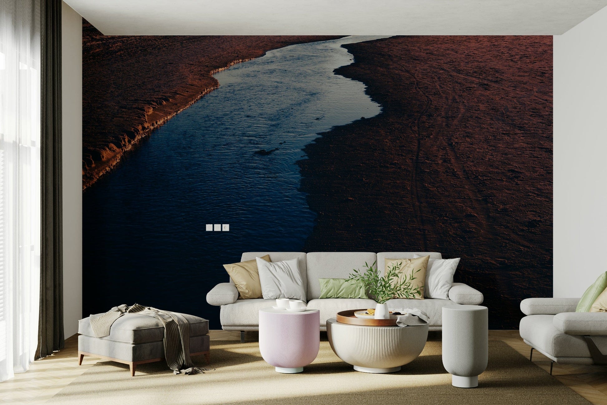 An angled shot of the mural's dark and serene color palette.

