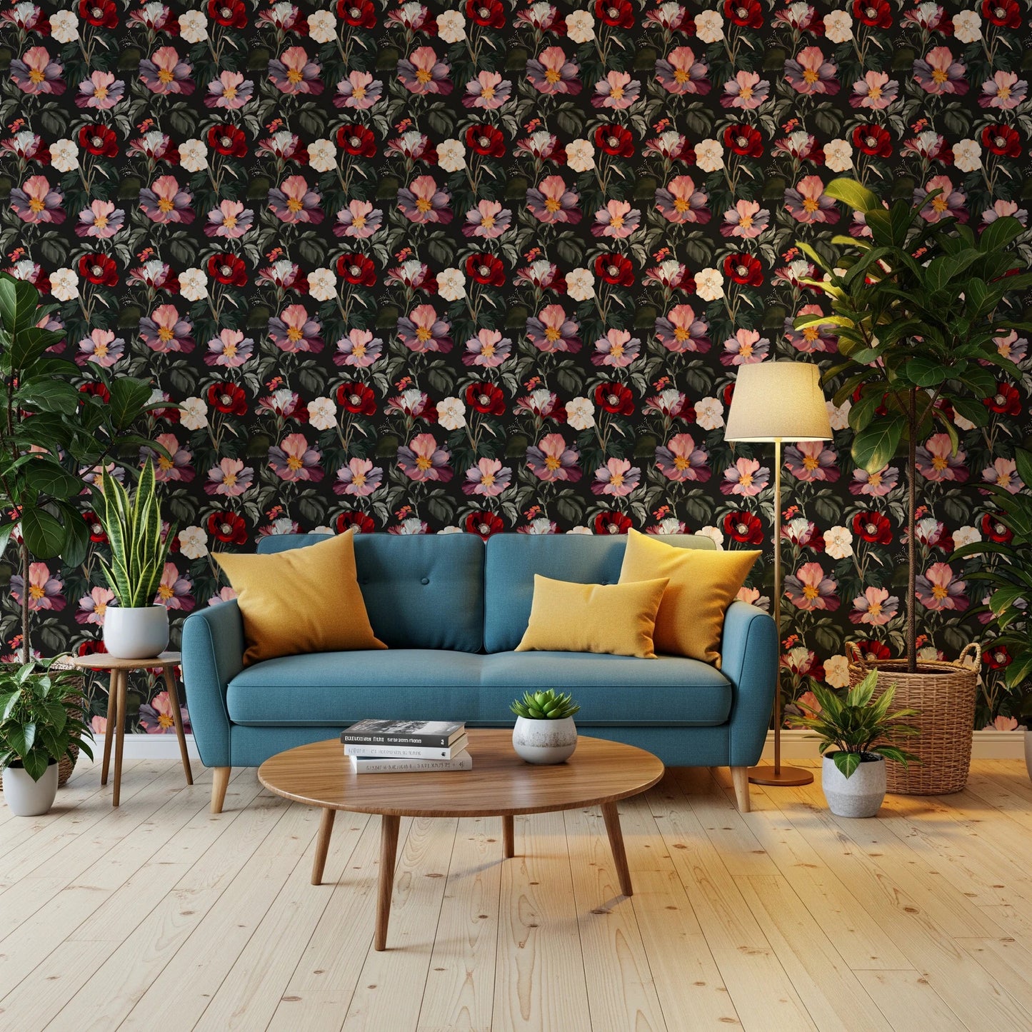 For the Home and office , dark botanical wallpaper adds structured romantic contrast