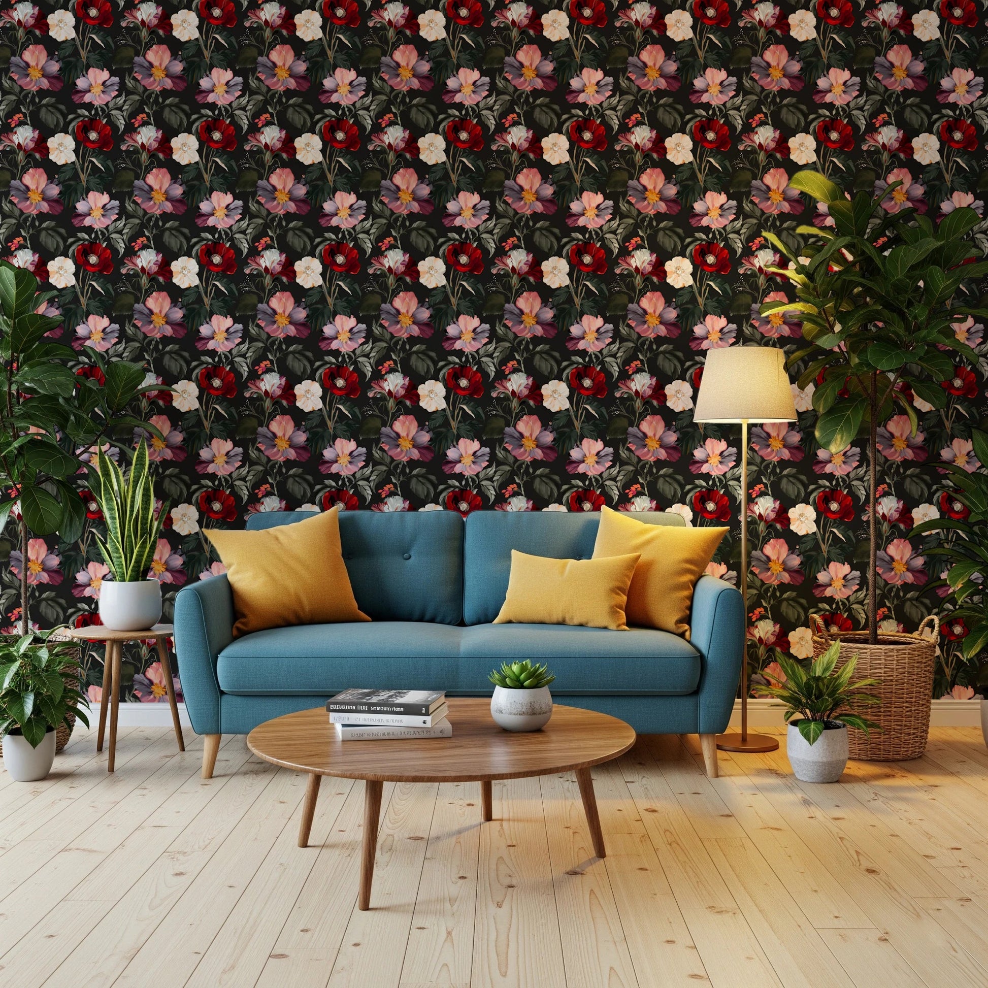 For the Home and office , dark botanical wallpaper adds structured romantic contrast