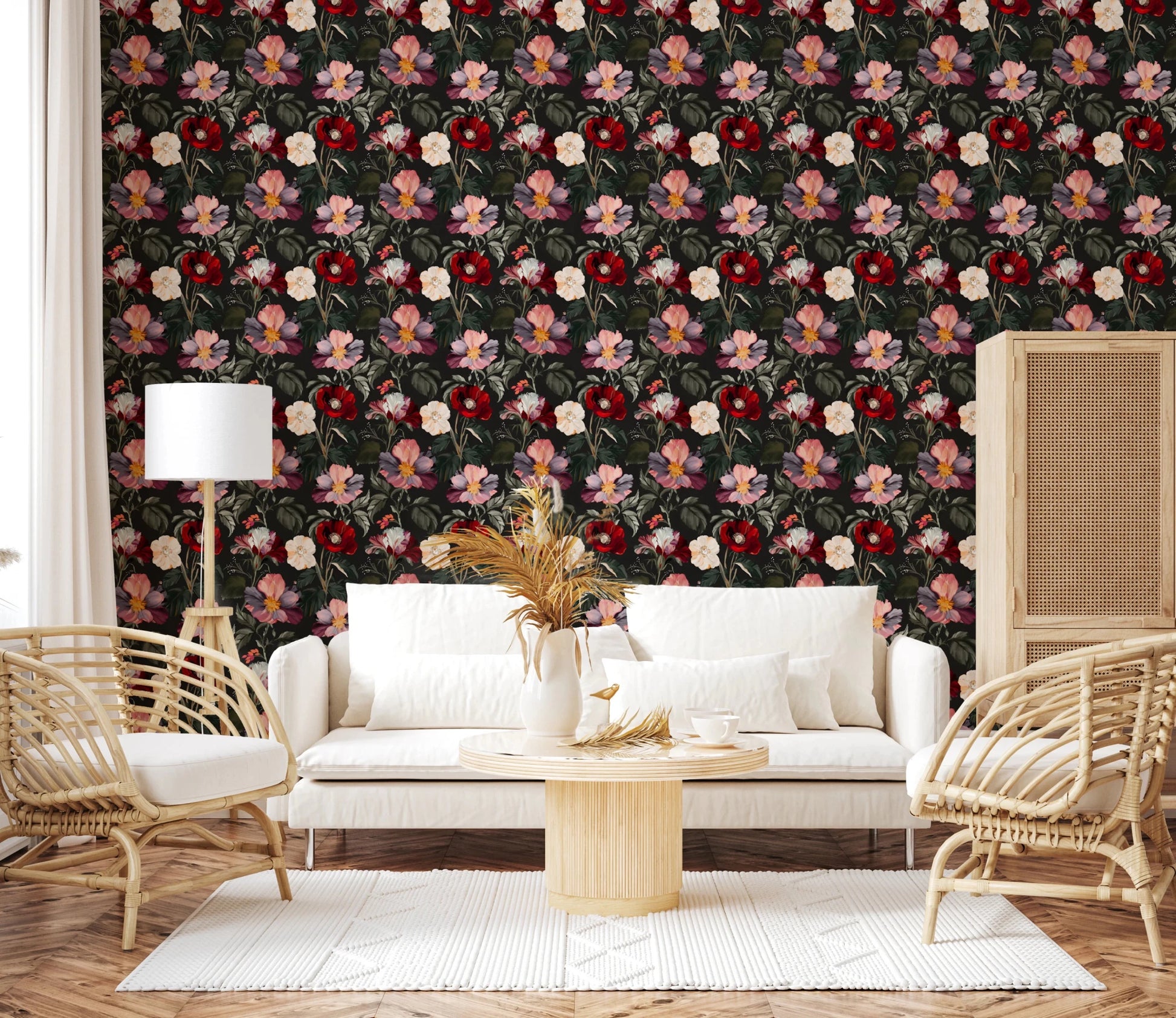 Living area stands apart with dark floral pattern and striking bloom contrast